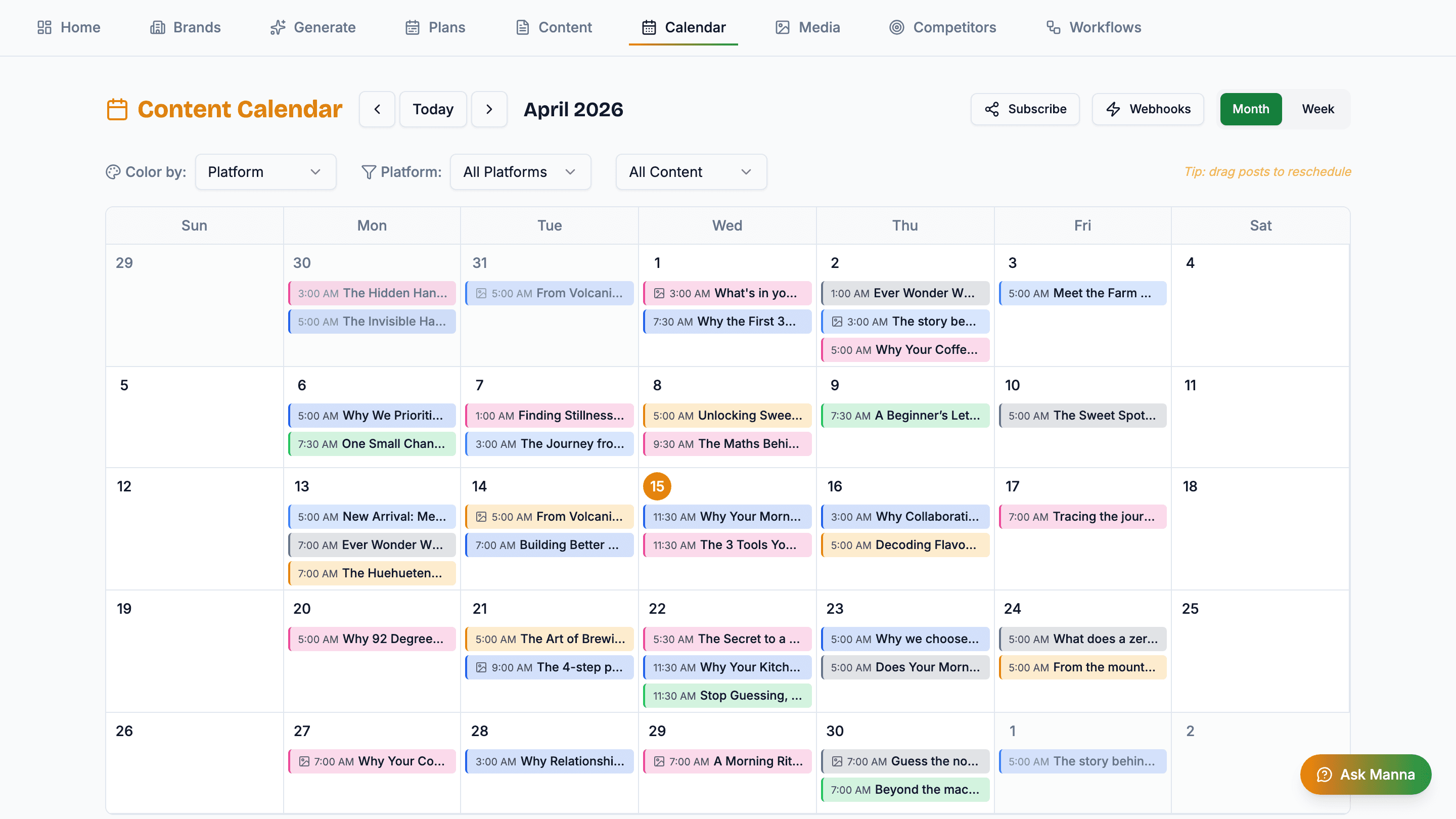 Content Calendar for Kindred Coffee Roasters in April 2026 showing thirty scheduled posts across the month, each colour-coded by platform, with week and month view toggles and subscribe and webhook actions in the header.