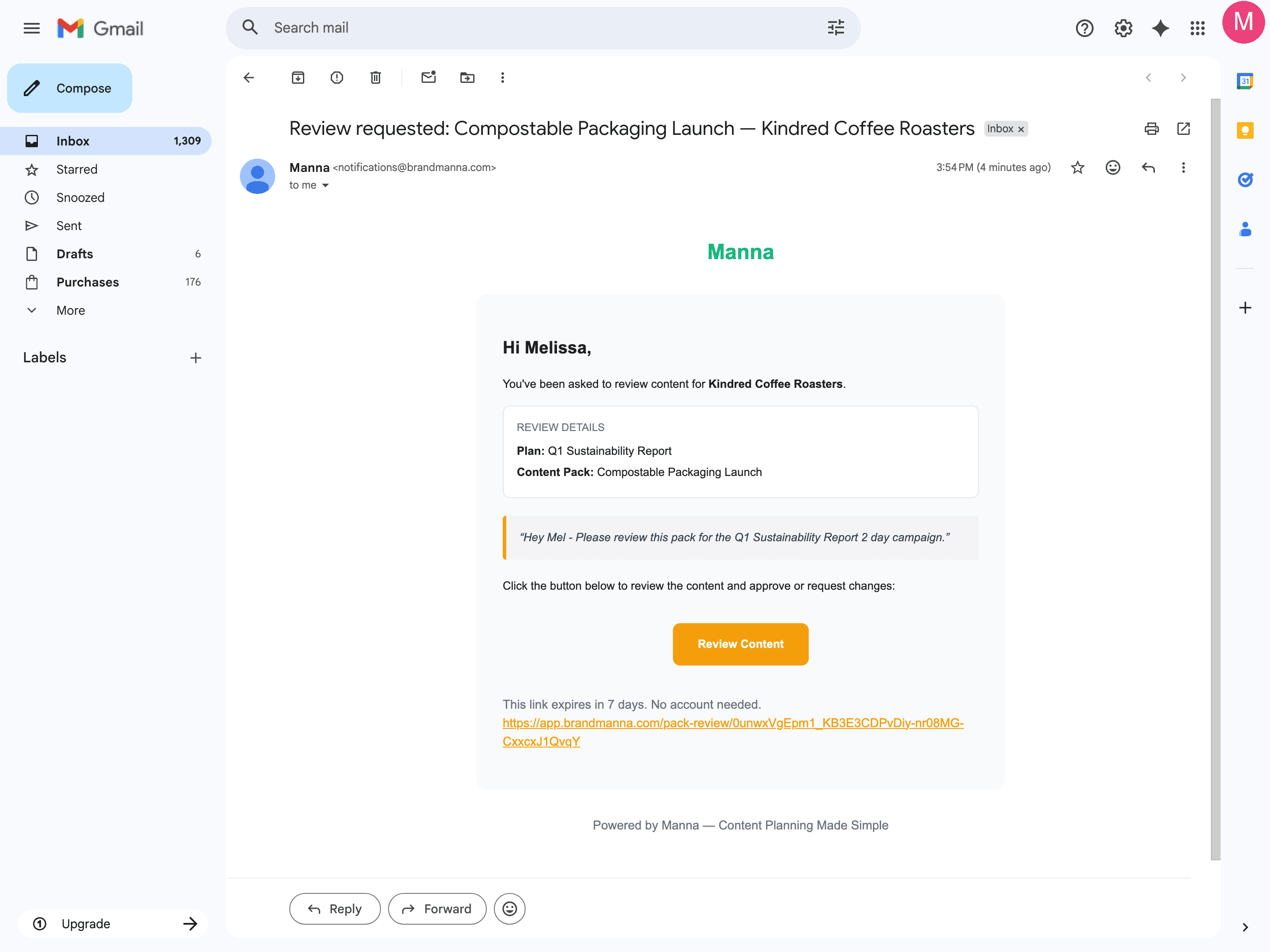 Gmail inbox showing a review request email from Manna for the Compostable Packaging Launch pack, with pack details, a custom note, a Review Content button, and a tokenized link valid for seven days with no account needed.