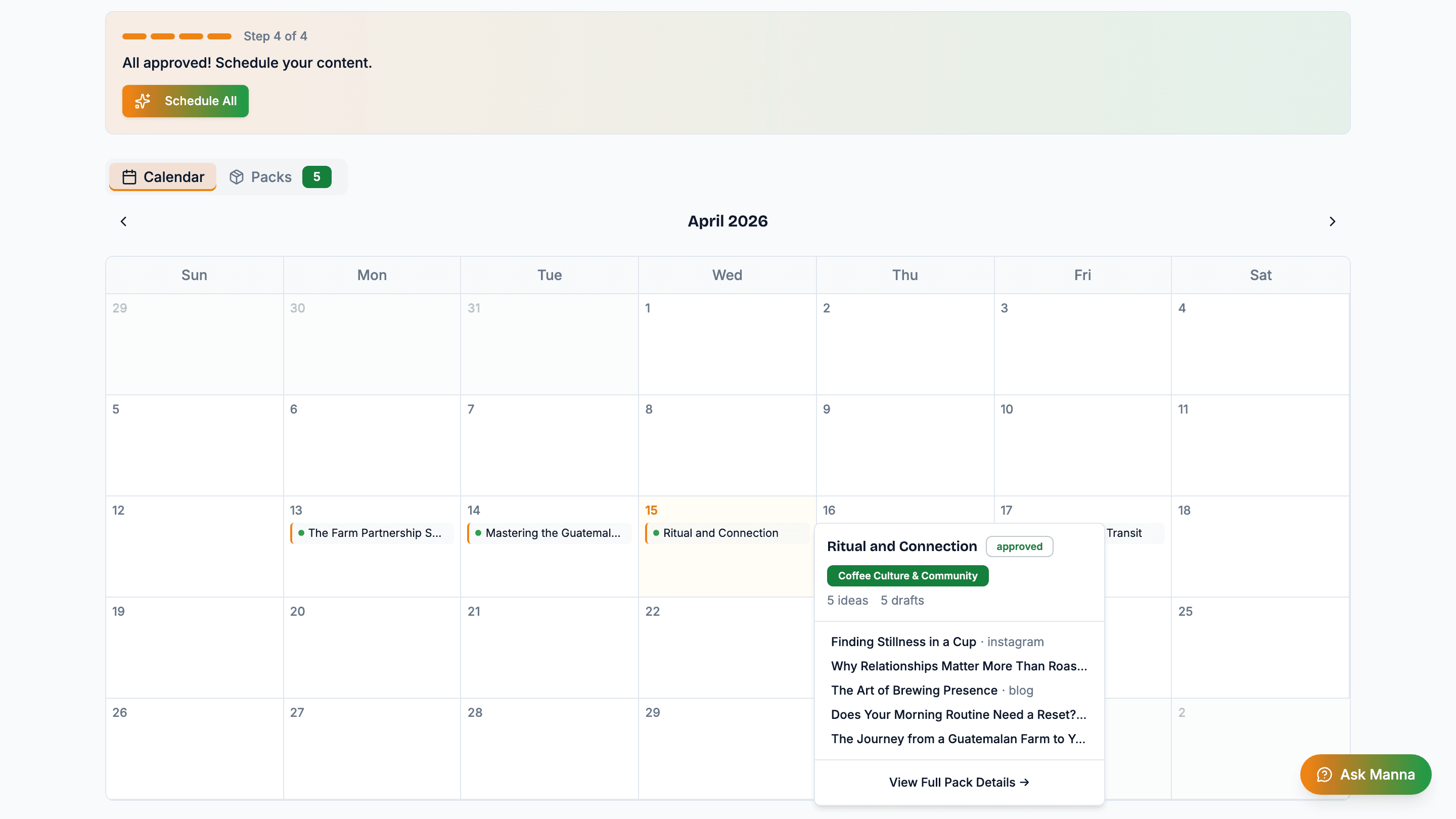 Guatemala Launch Week plan shown as an April calendar with five packs laid out on consecutive days and a hover popover revealing Ritual and Connection's pillar, approval state, and five drafts across platforms.