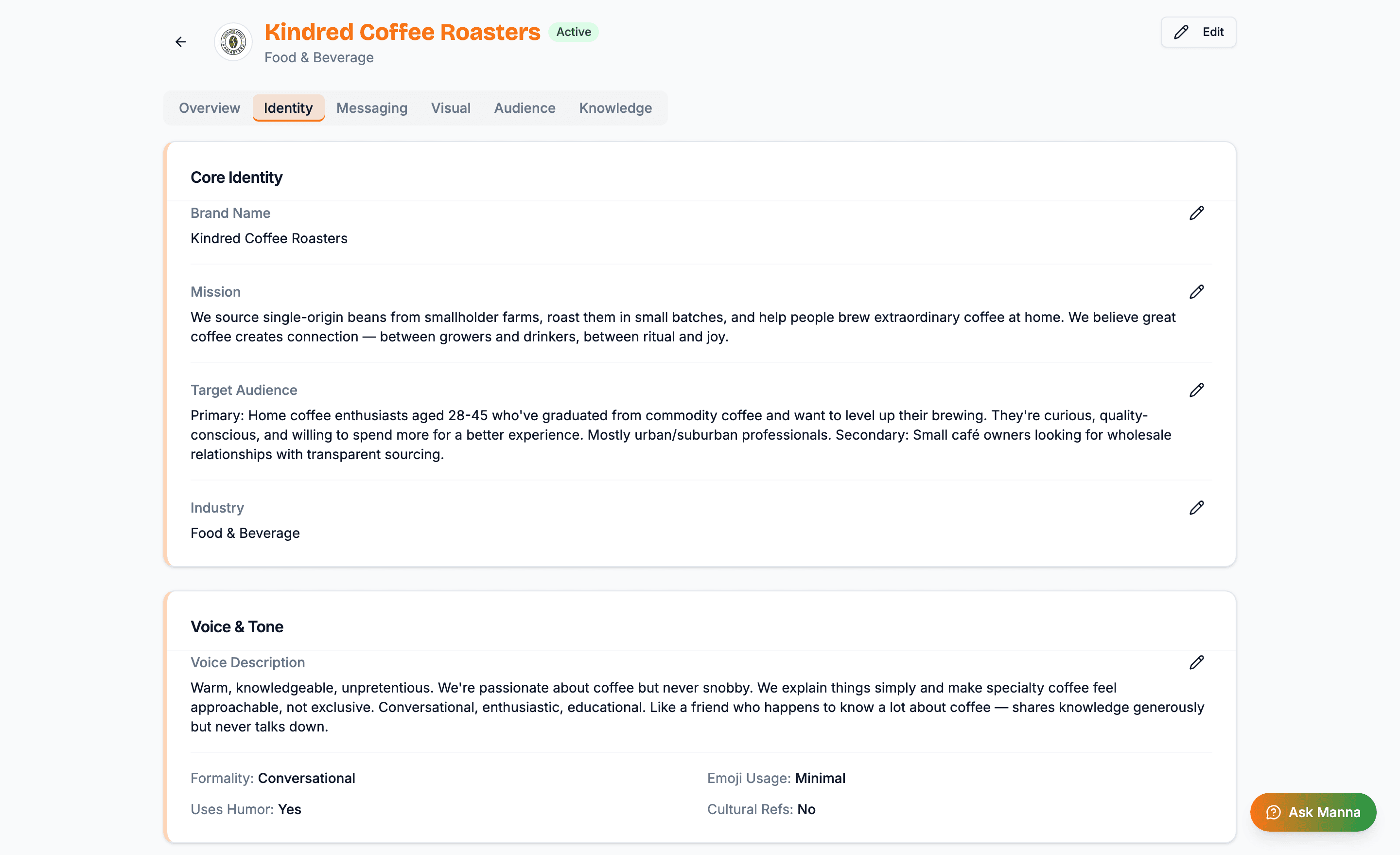 Brand profile — Identity tab